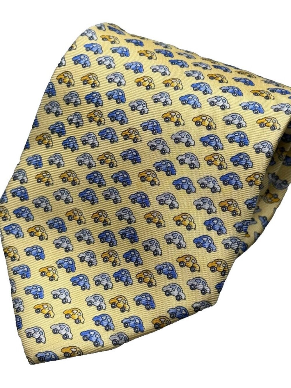 Beaufort Tie Rack Tie 100% Silk Car Print‎ Satin Yellow Made in Italy 3.5"